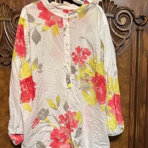 (R) Talbots Floral Button-Down Shirt - Red, Yellow, Gray
